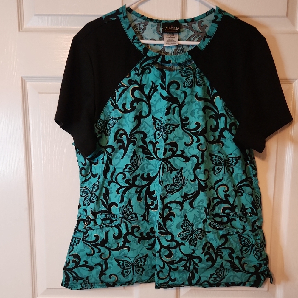 Black and Teal With Butterfly Print Women's Scrub Top